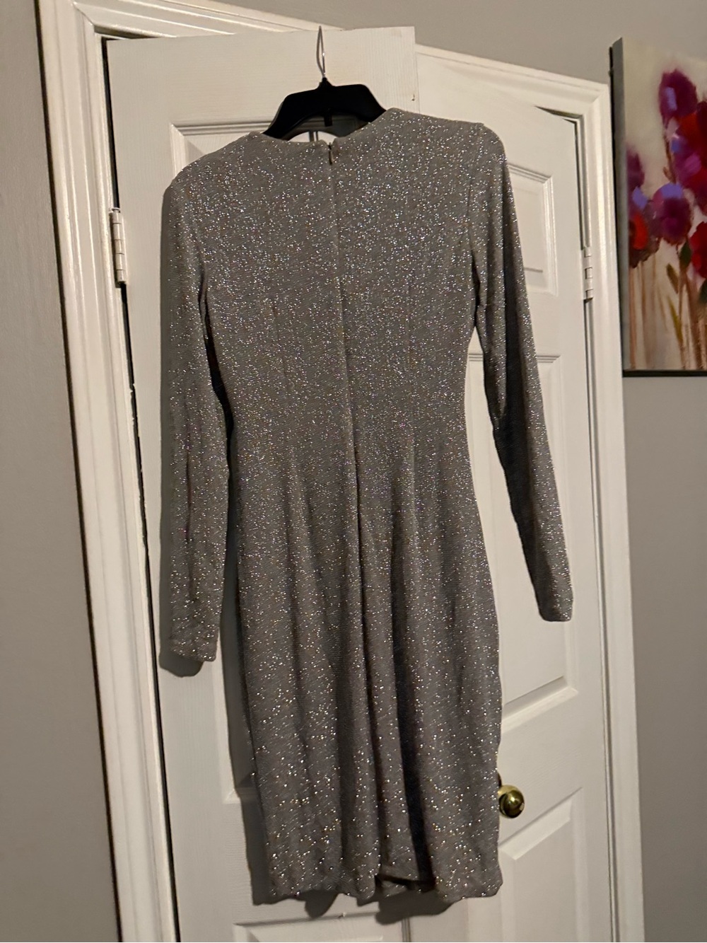 Calvin Klein Silver Glitter Long-Sleeve Ruched Wrap Dress - Picture 7 of 8